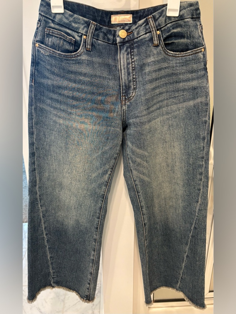 Kut from the Kloth Meg Fab Ab Wide Leg Jeans High Rise Raw Hem Medium Wash Jeans